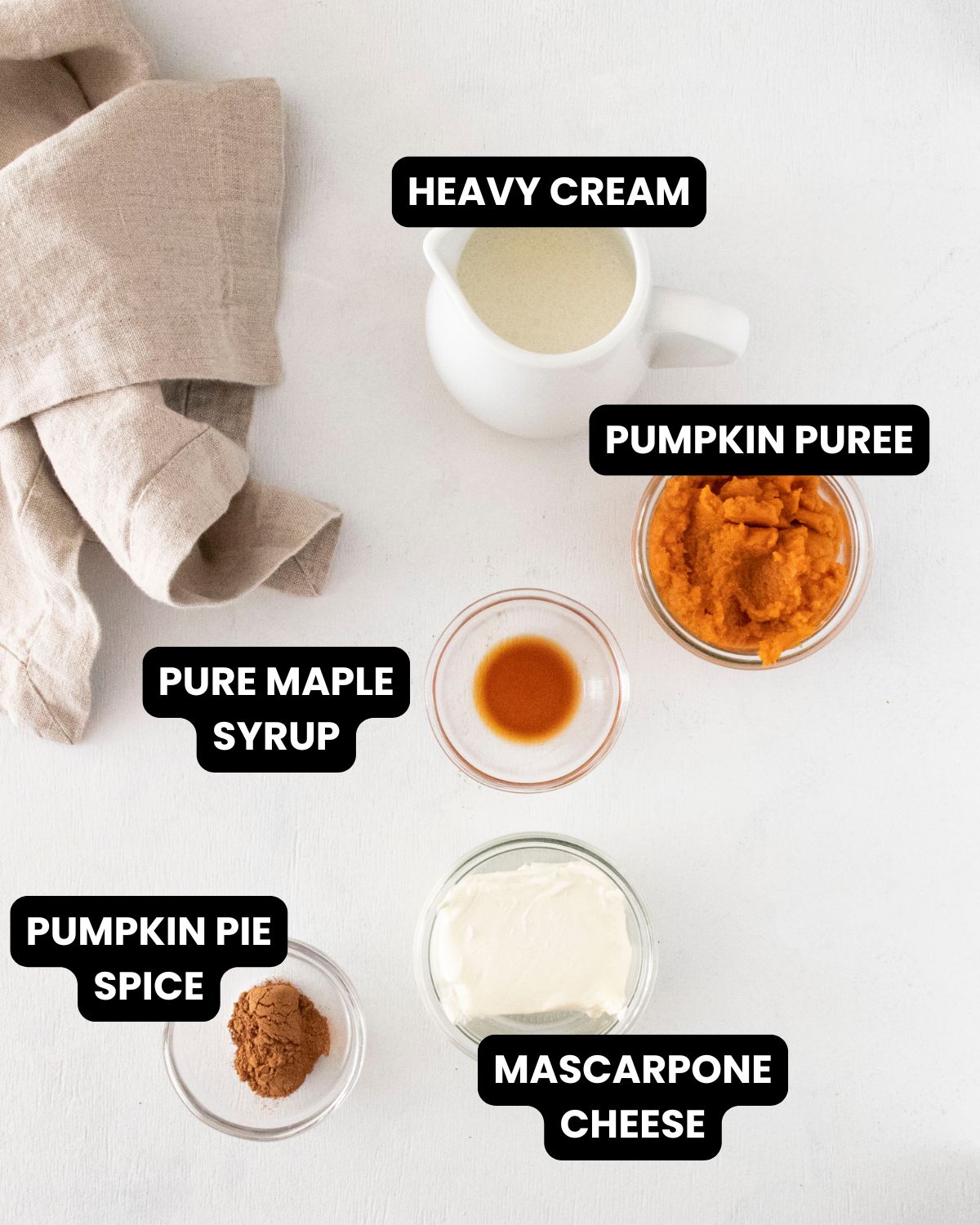 Pumpkin tiramisu ingredients with text overlay.