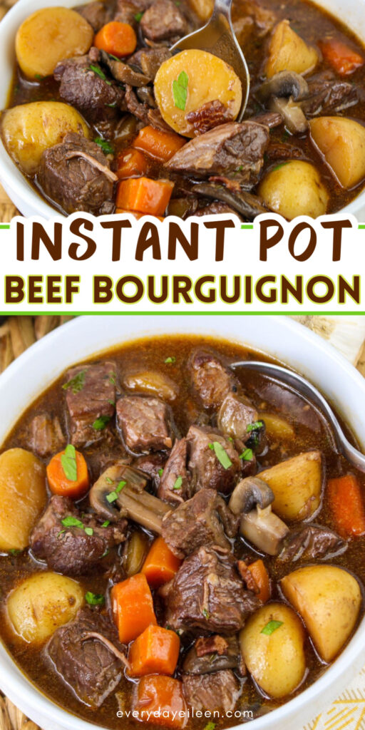 Pinterest pin for instant pot beef Bourguignon recipe.