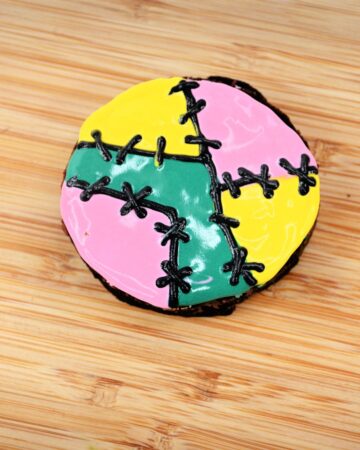 A finished Halloween Sally Brownie with pastel colors and black stitching to make a Halloween brownie.