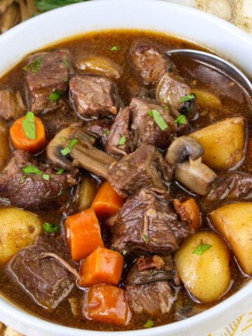 A bowl of instant pot beef Bourguignon recipe.