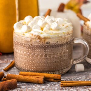 A glass of pumpkin hot chocolate made in the slow cooker.