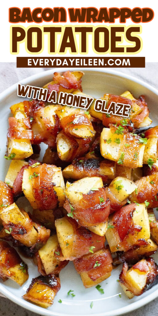 Pinterest pin for bacon wrapped potato slices.