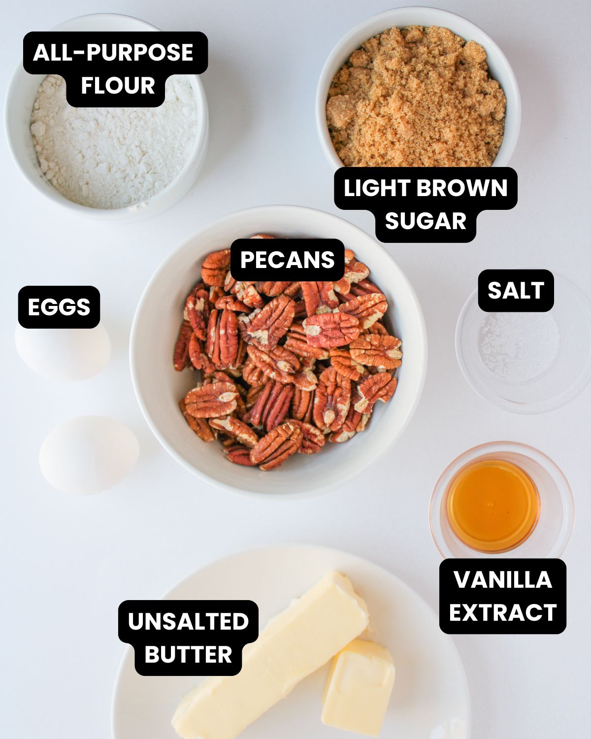 Pecan pie muffin ingredients with text overlay.