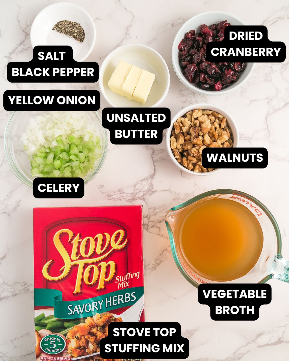 Ingredients with text overlay for cranberry walnut stuffing.