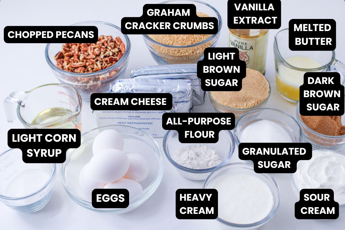 Ingredients to make pecan pie cheesecale bars with text overlay.