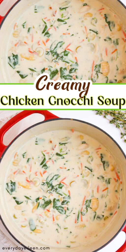 Pinterest pin for chicken gnocchi soup with text overlay.