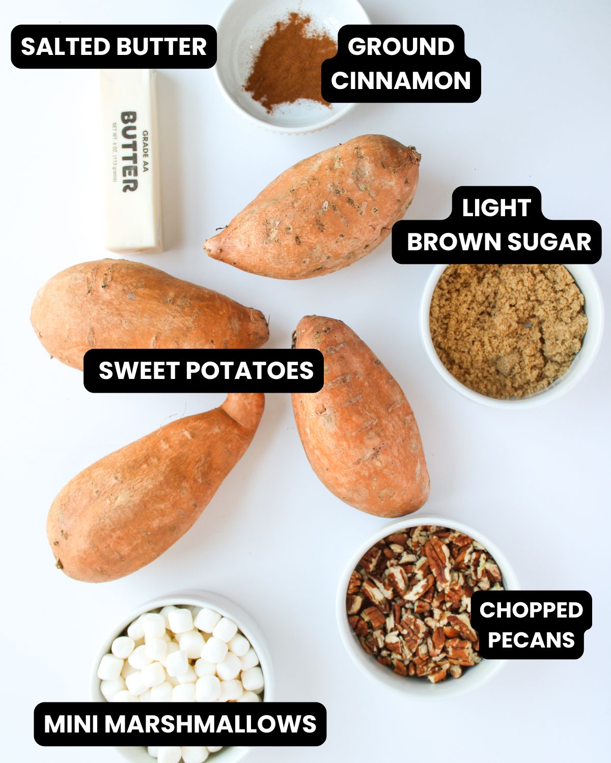 Sweet Potato ingredients with text overlay for stuffed sweet potatoes with pecans and marshmallows.