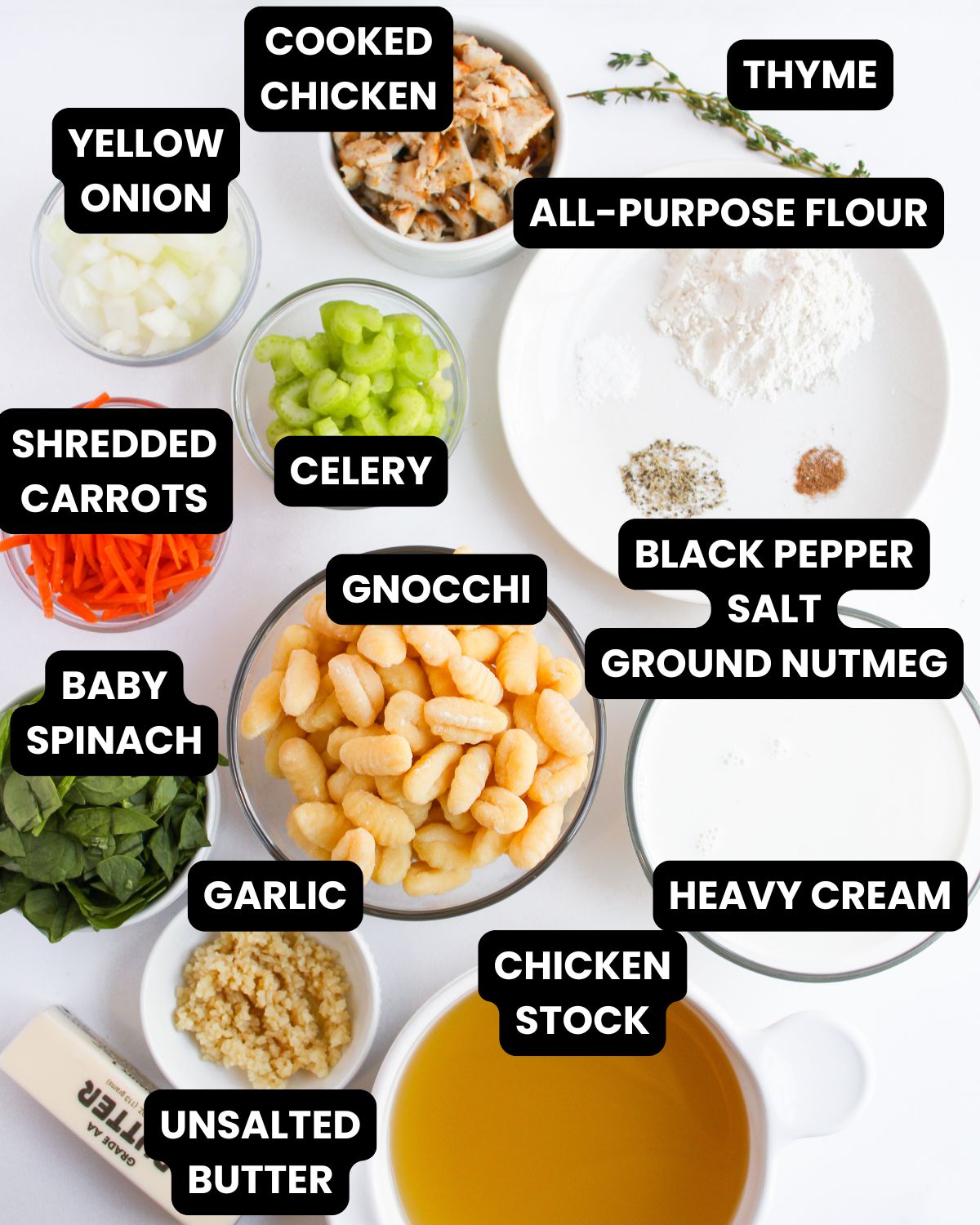Ingredients to make creamy Chicken Gnocchi Soup.