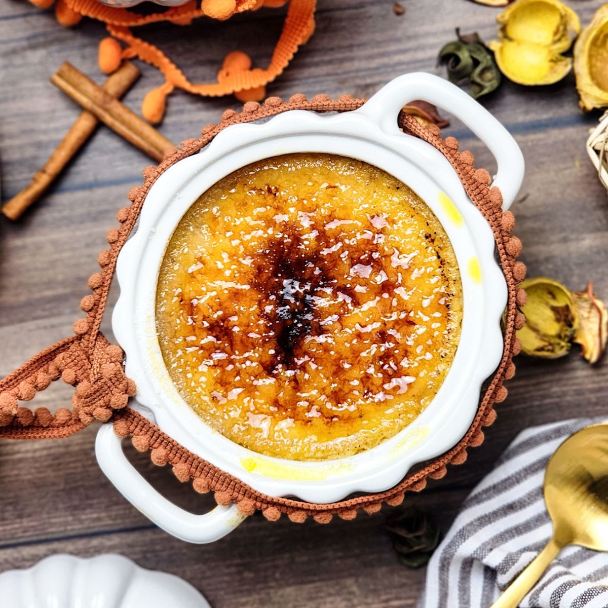 A ramekin with pumpkin creme brulee.