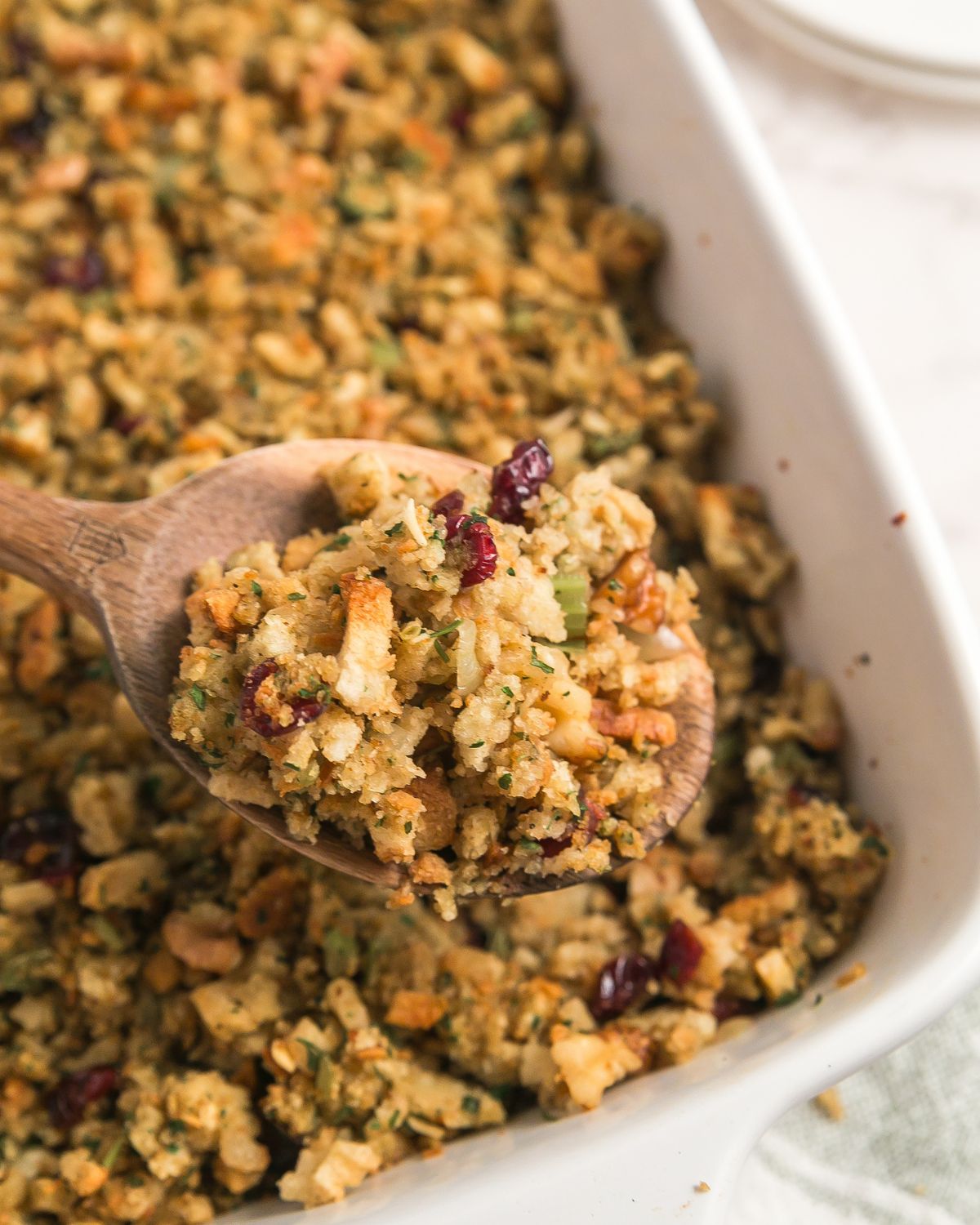 Cranberry Walnut stuffing mix in a white
caserole dish