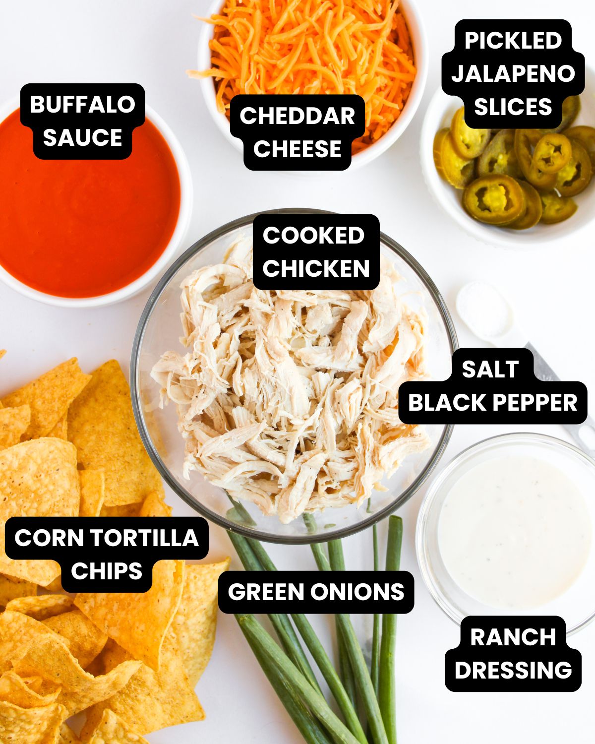Ingredient list for buffalo chicken nachos.