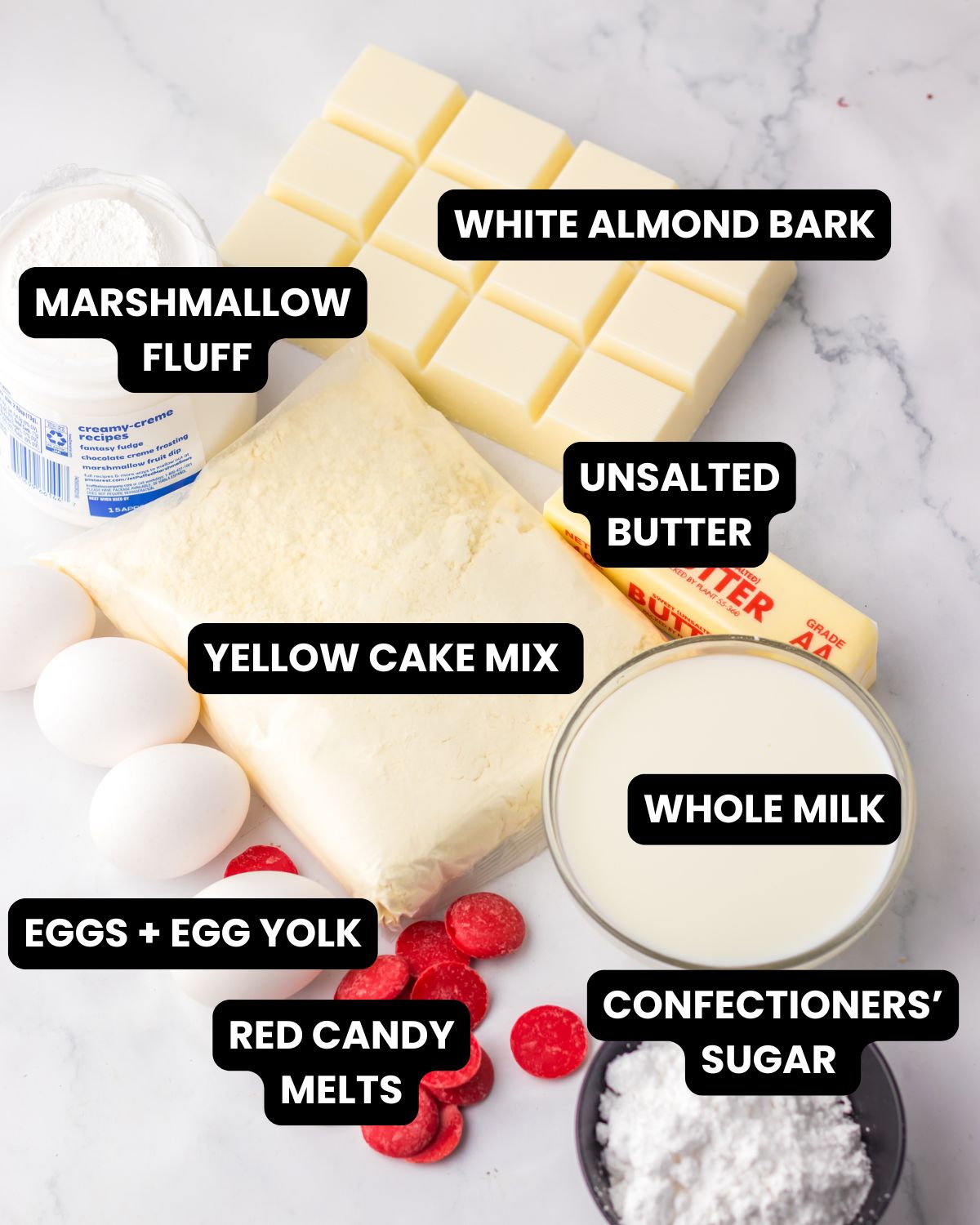 christmas tree cake ingredients with text overlay.