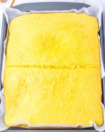 A yellow cake mix baked and cut in half to make Little Debbie Christmas Tree cakes. 