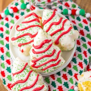 Little Debbie copycat Christmas tree cakes staked on a plate.