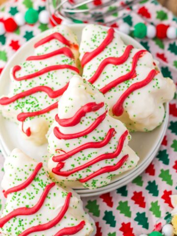 Little Debbie copycat Christmas tree cakes staked on a plate.