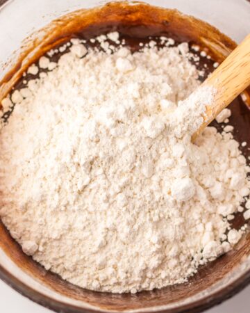 A mix of wet and dry ingredients to make brownies.