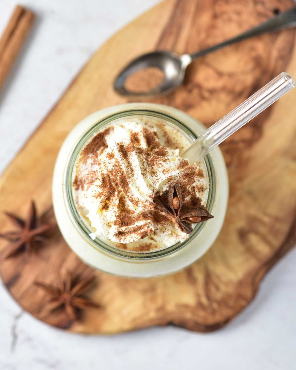 Homemade eggnog in a mason jar.