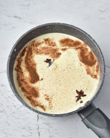 A saucepan of eggs and heavy cream to make eggnog. 
