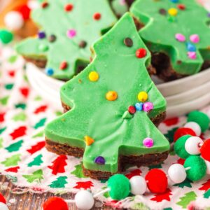 Little Debbie Christmas tree brownies topped with rainbow sprinkle bits.