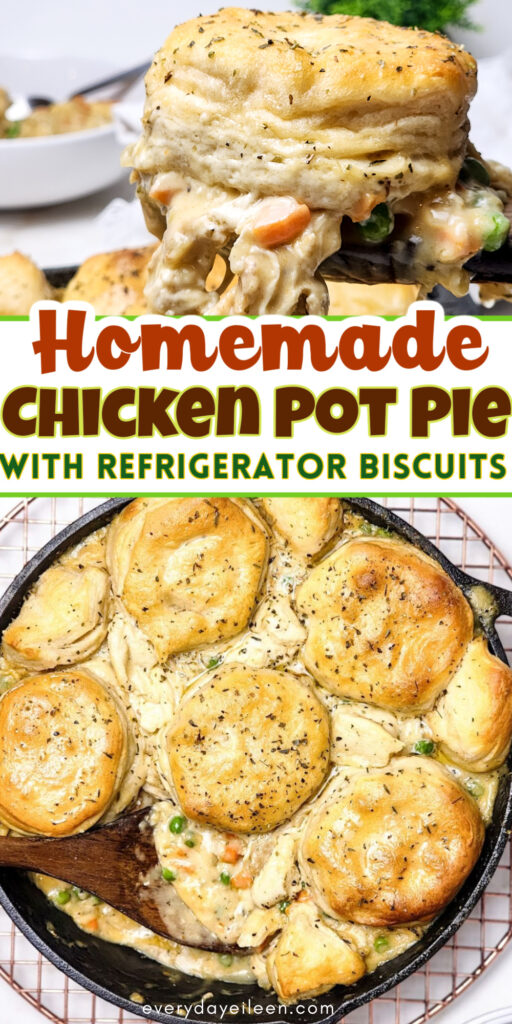 Chicken pot pie biscuit Pinterest pin with text overlay.