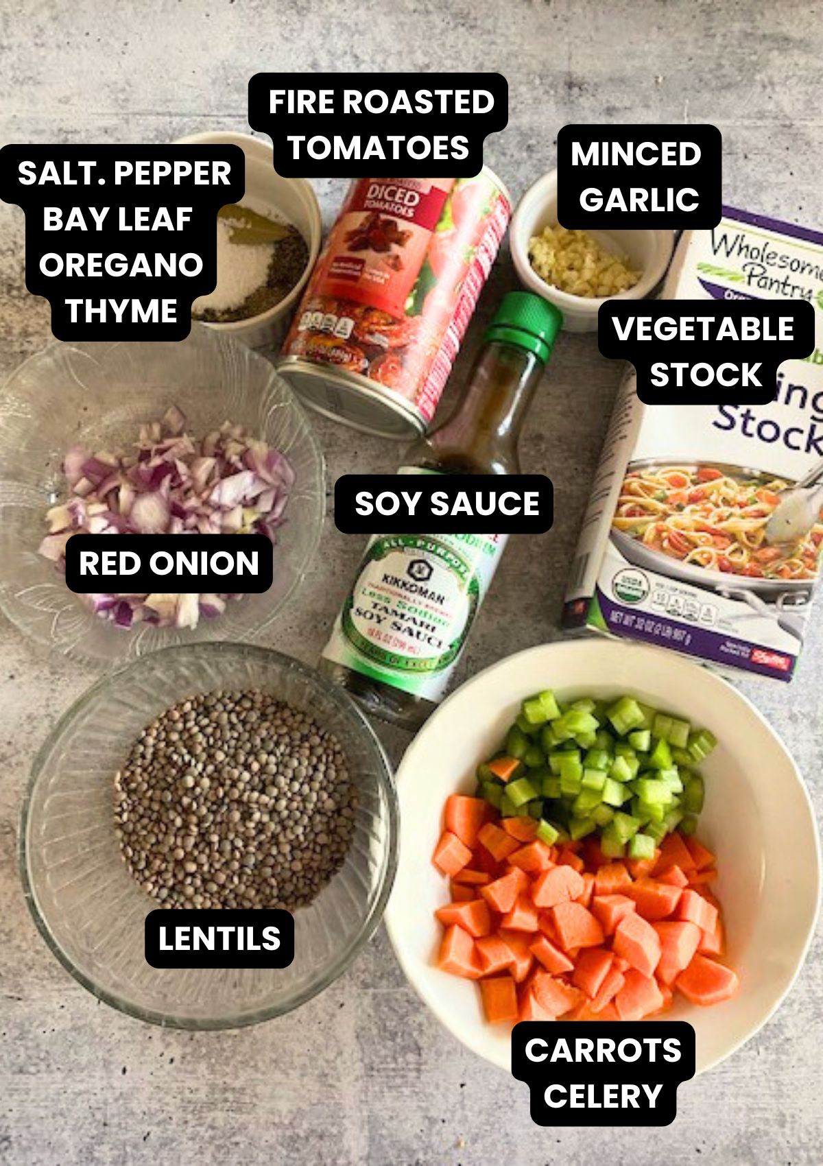 Ingredients to make lentil stew with text overlay.