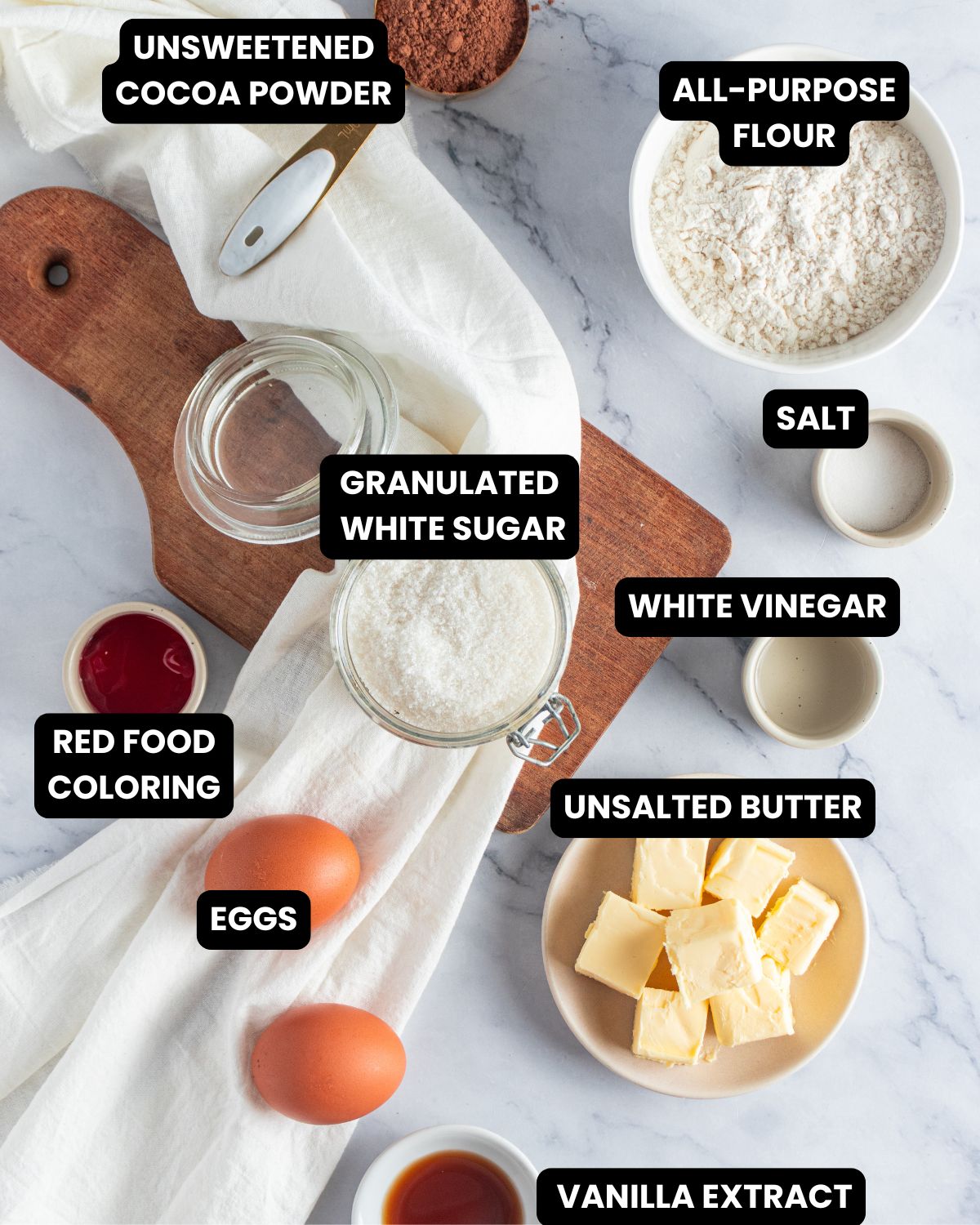 Ingredients for red velvet brownies with text overlay. 