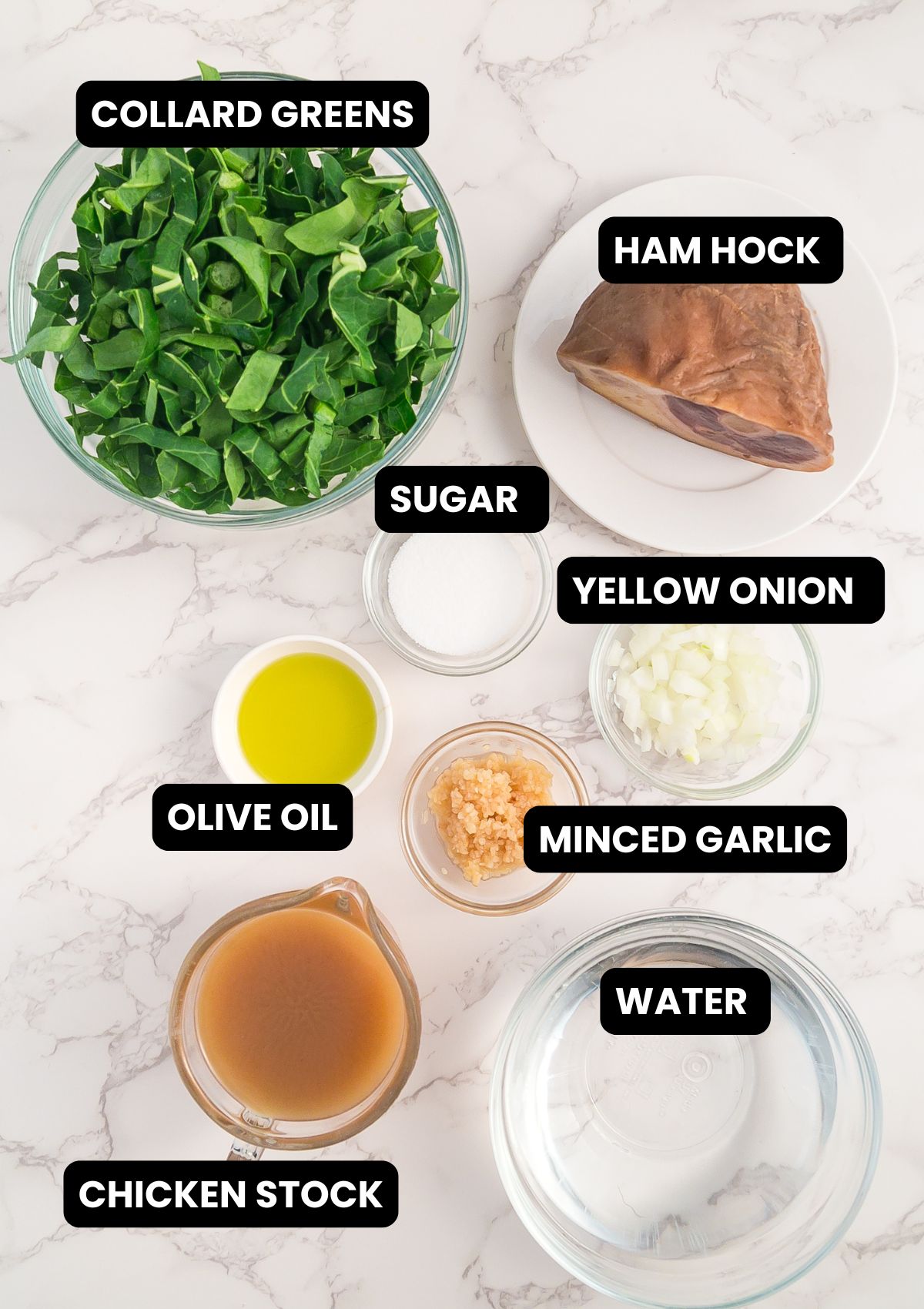 Ingredients with text overlay to make collard greens with ham hock