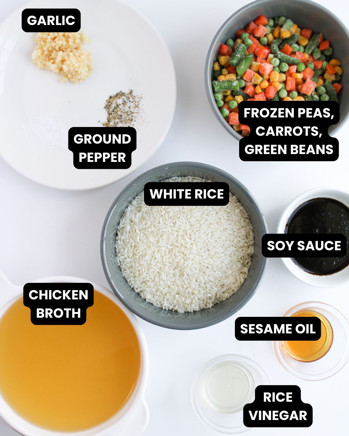 Baked fried rice with text overlay for the ingredients.
