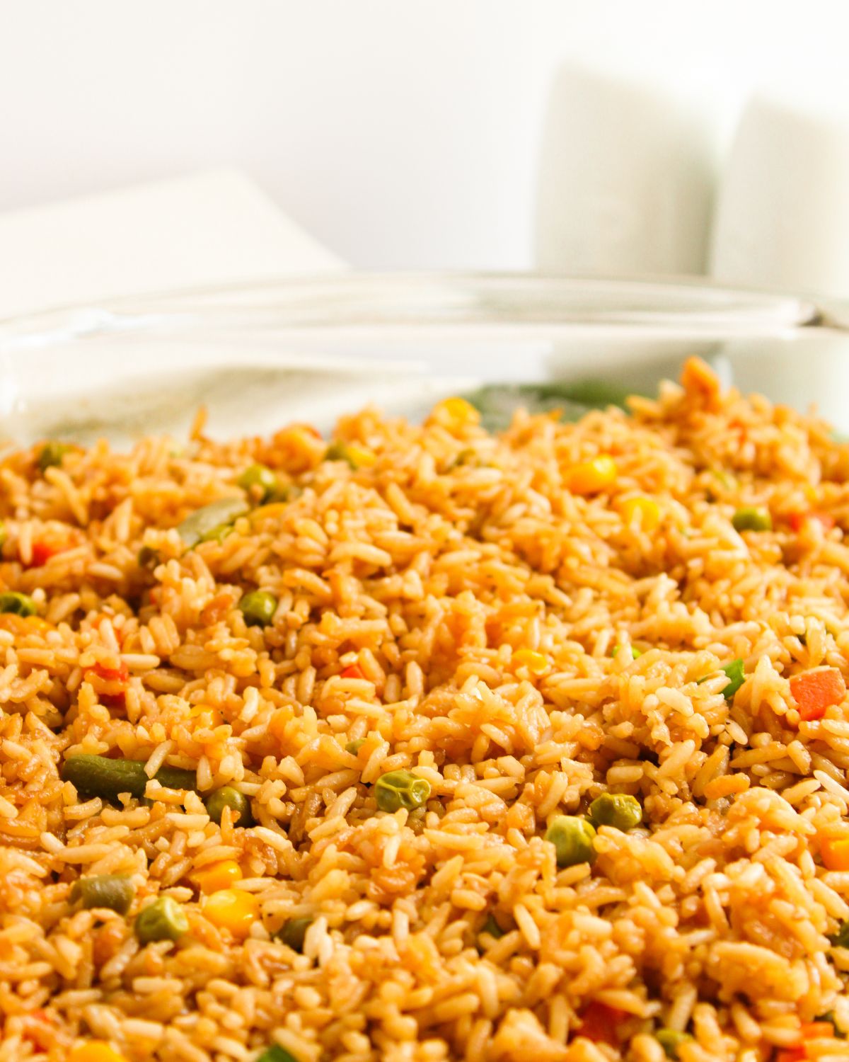 Fried rice made in the oven in a pan.
