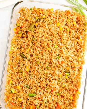 Oven baked fried rice in a baking dish. 