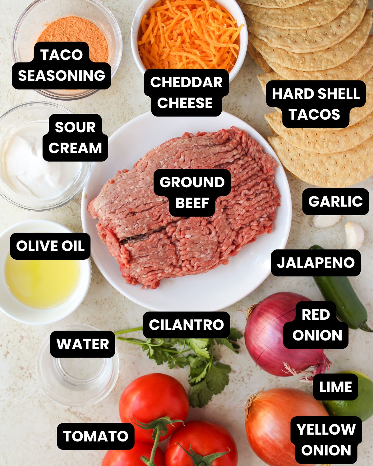 Ingredients to make baked beef tacos.
