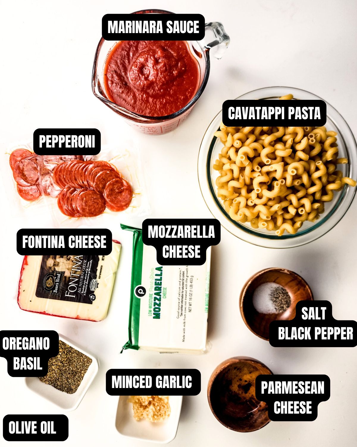 Ingredients to make pizza bake pasta with text overlay.