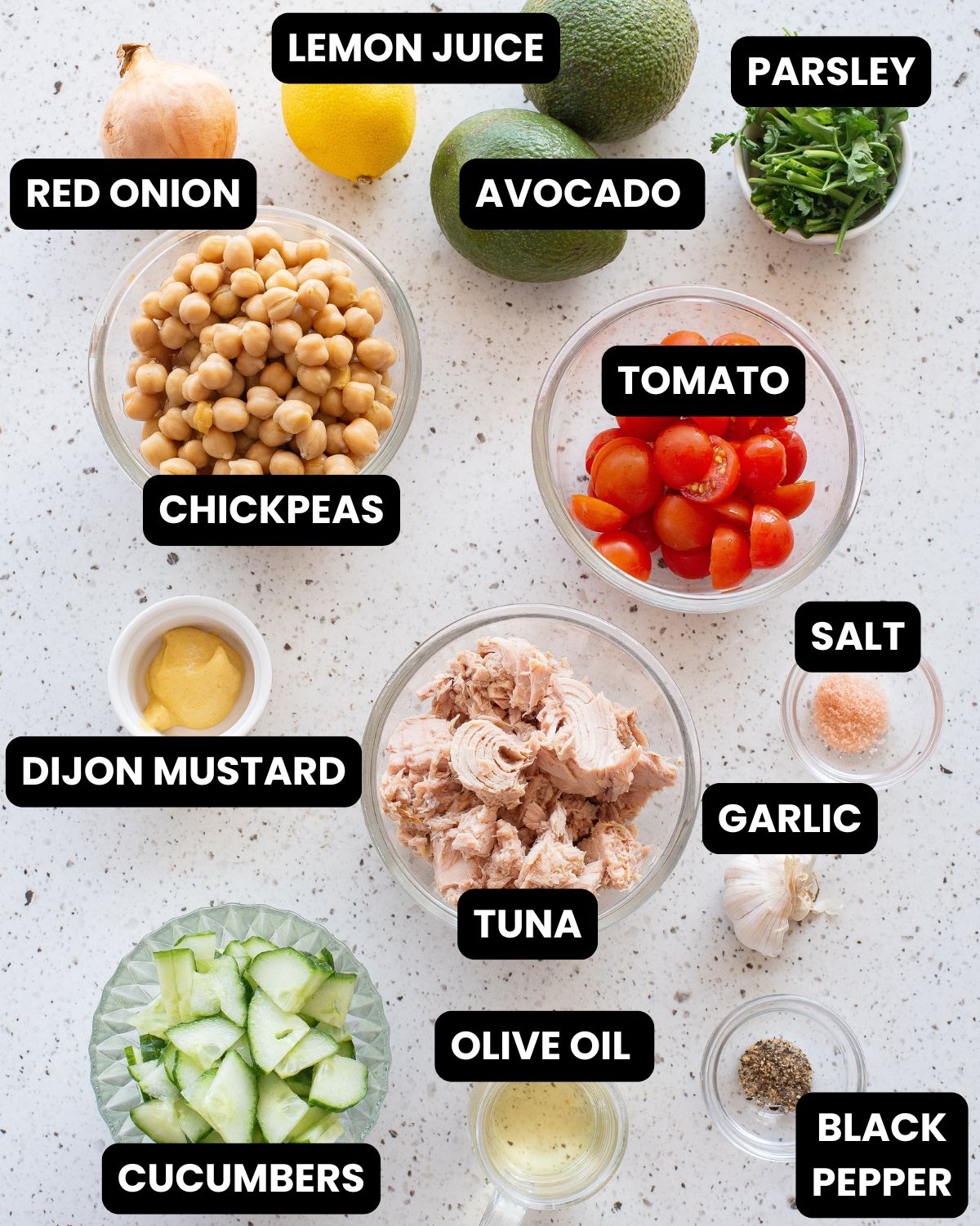 Ingredients to make avocado tuna chickpea salad.