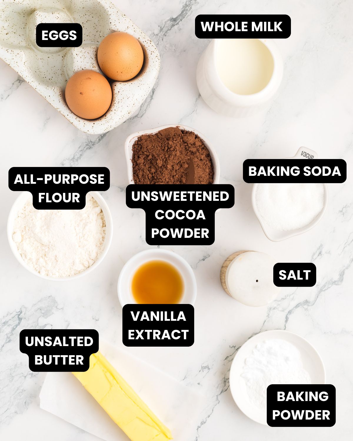 Ingredients with text overlay to make chocolate waffles/