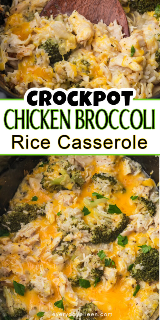 Pinterest pin with text overlay for chicken broccoli rice casserole in the crock pot.