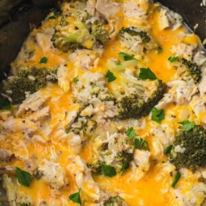 Chicken broccoli rice in the crockpot.