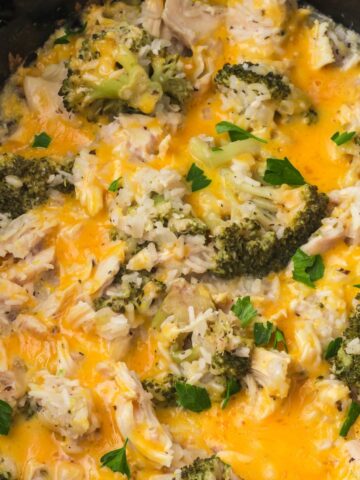 Chicken broccoli rice in the crockpot.