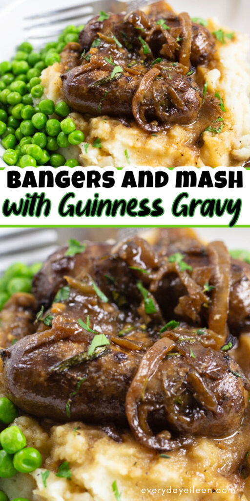 Bangers and Mash with guinness gravy Pinterest pin
