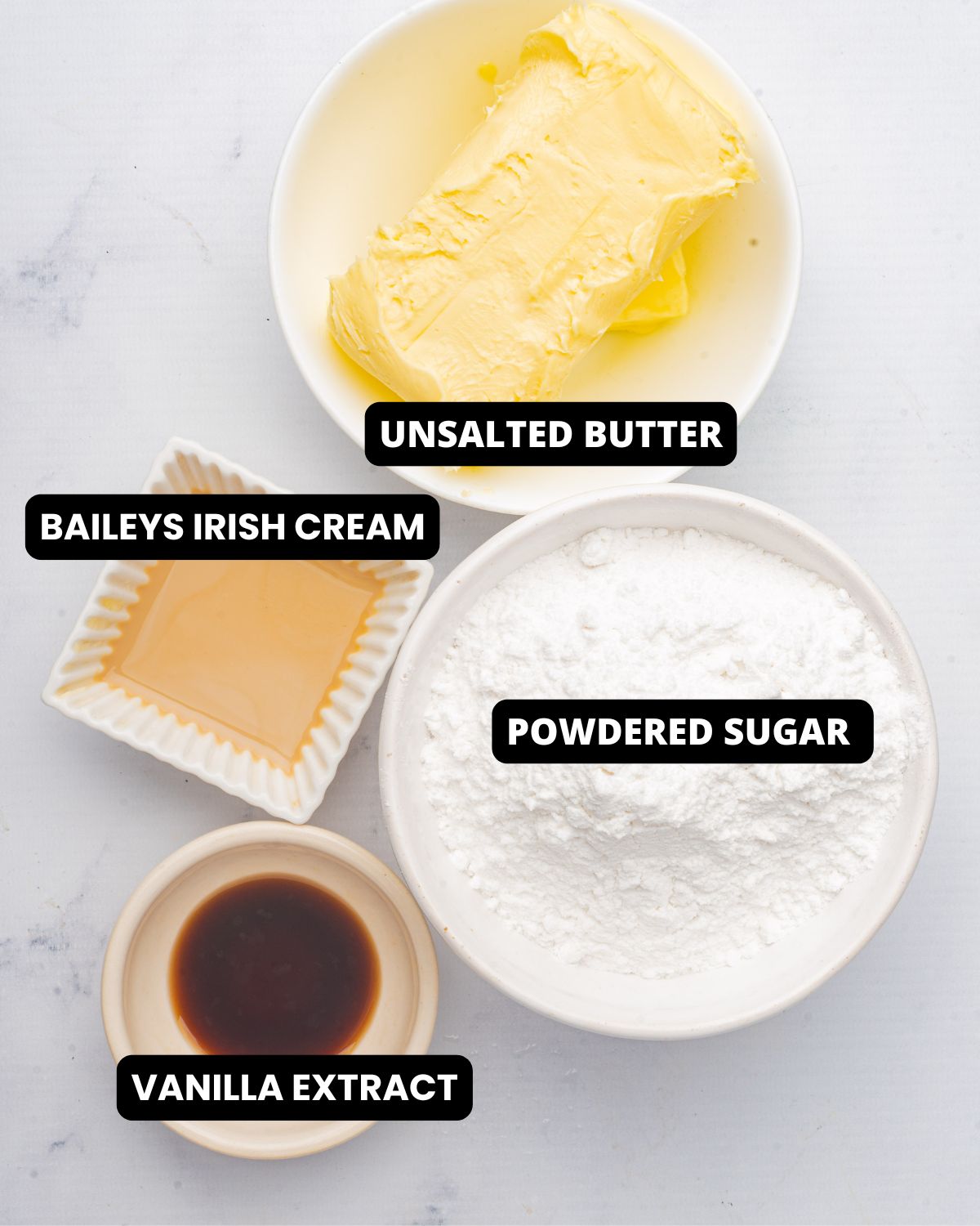 Ingredients to make a Baileys buttercream frosting for Baileys cupcakes. 