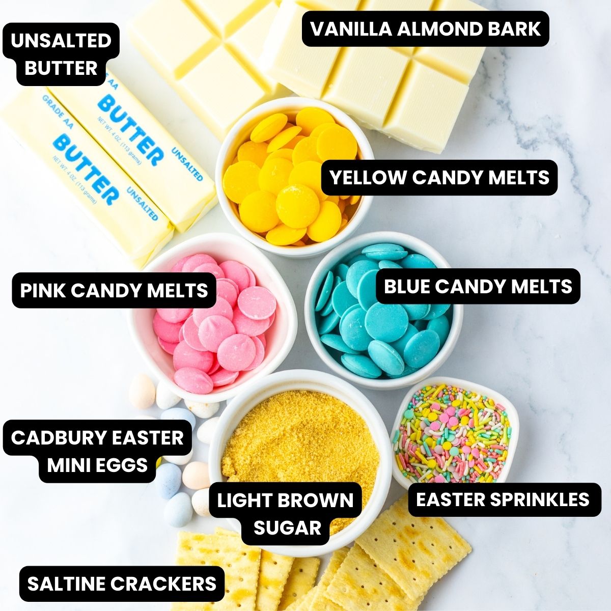 Ingredients with text overlay for Easter toffee crackers.