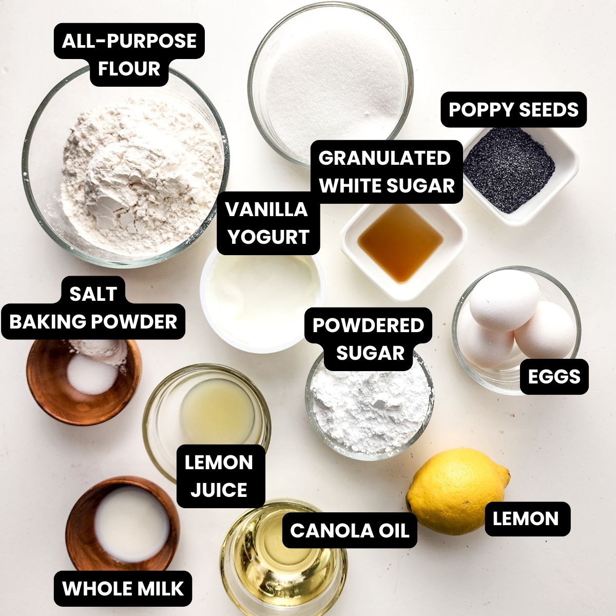 INGREDIENTS TO MAKE LEMON POPPY SEED LOAF.