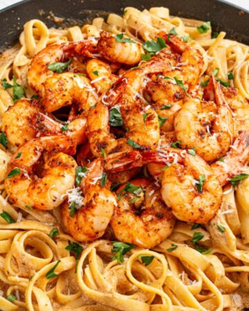 Cajun shrimp and pasta combined together. 
