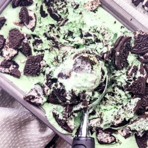 Mint Ice cream with ore cookie chunks throughout the ice cream.