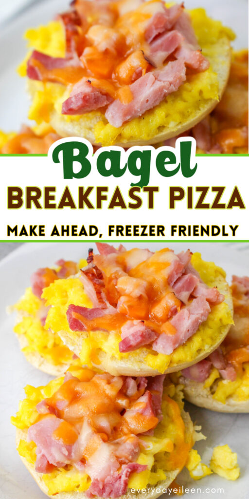 Breakast pizza bagel Pinterest pin with text overlay.