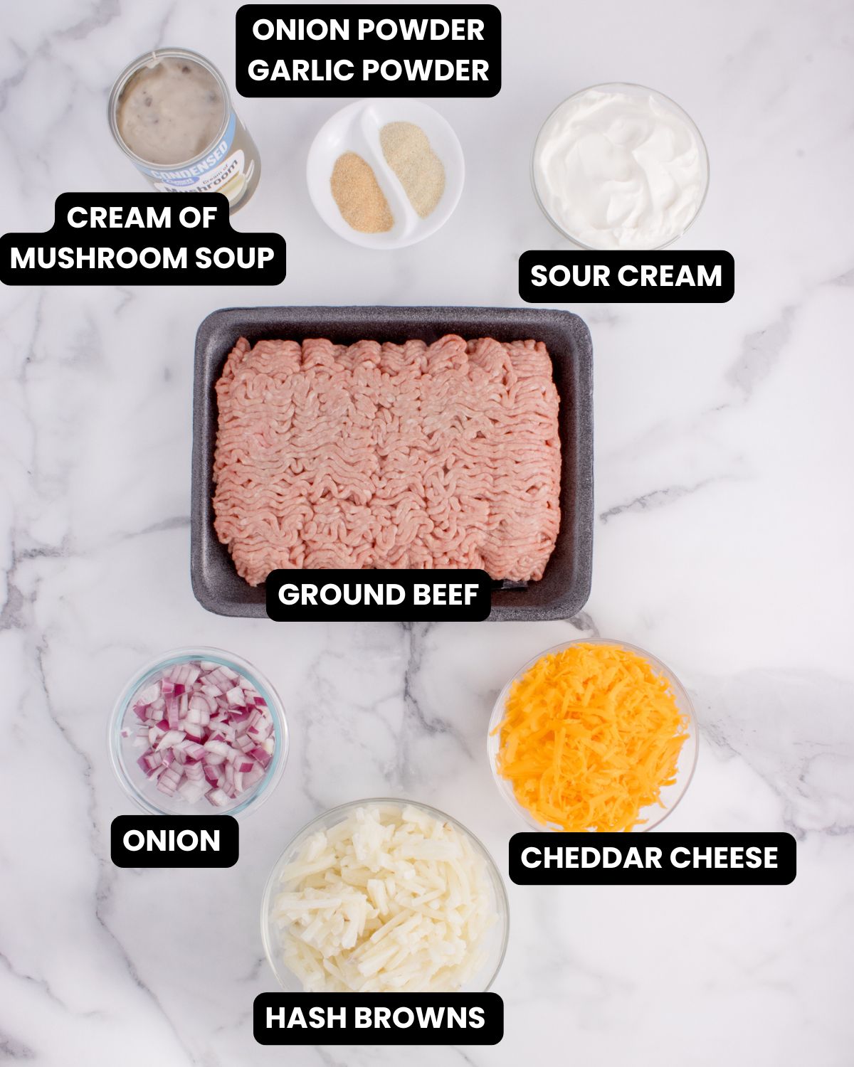 Hamburger Hash Brown ingredients with text overlay