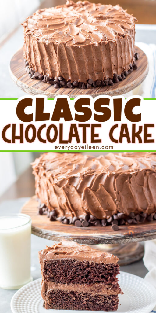 Pinterest pin with text overlay for chocolate cake.
