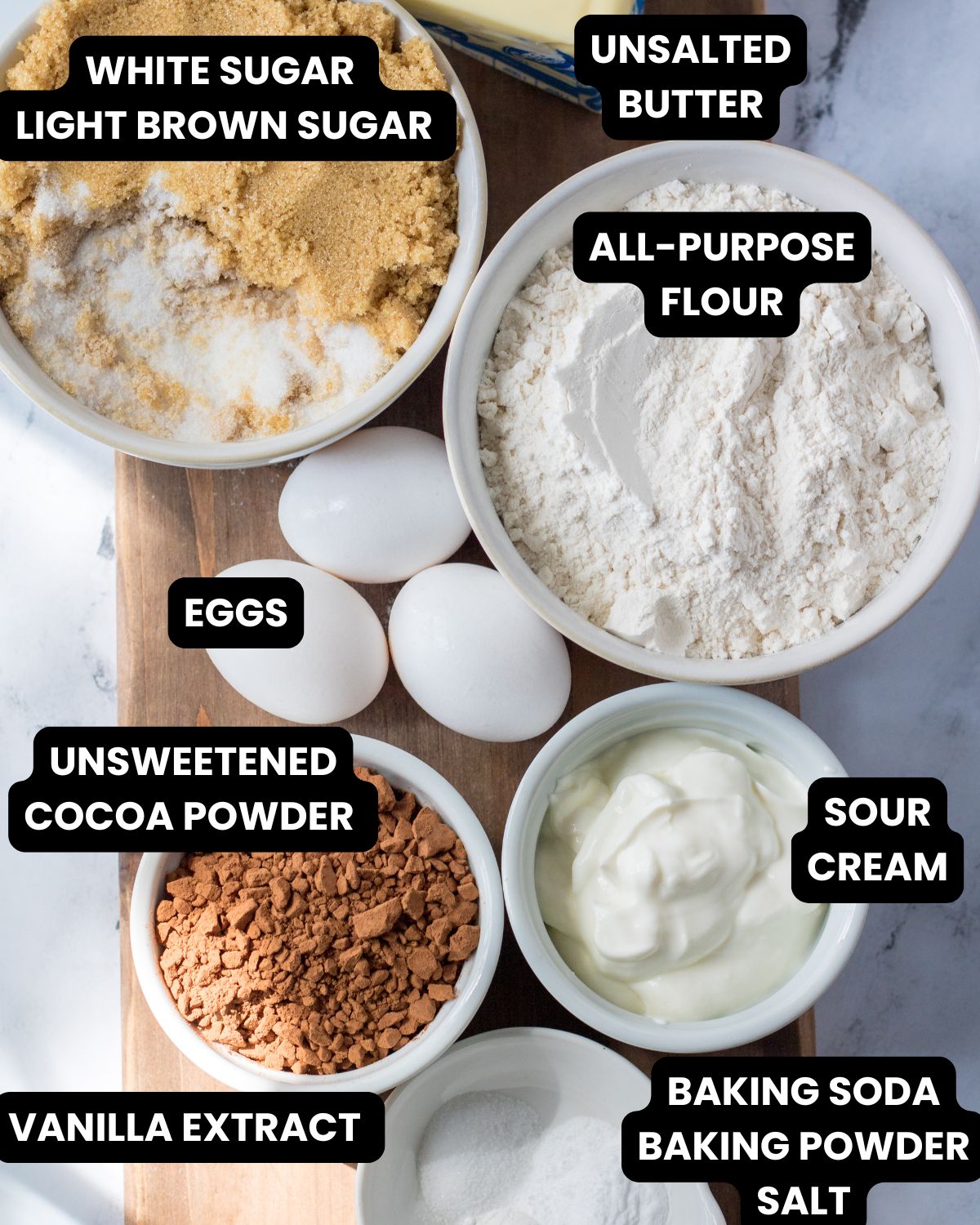 Ingredients to make a chocolate cake with text overlay.