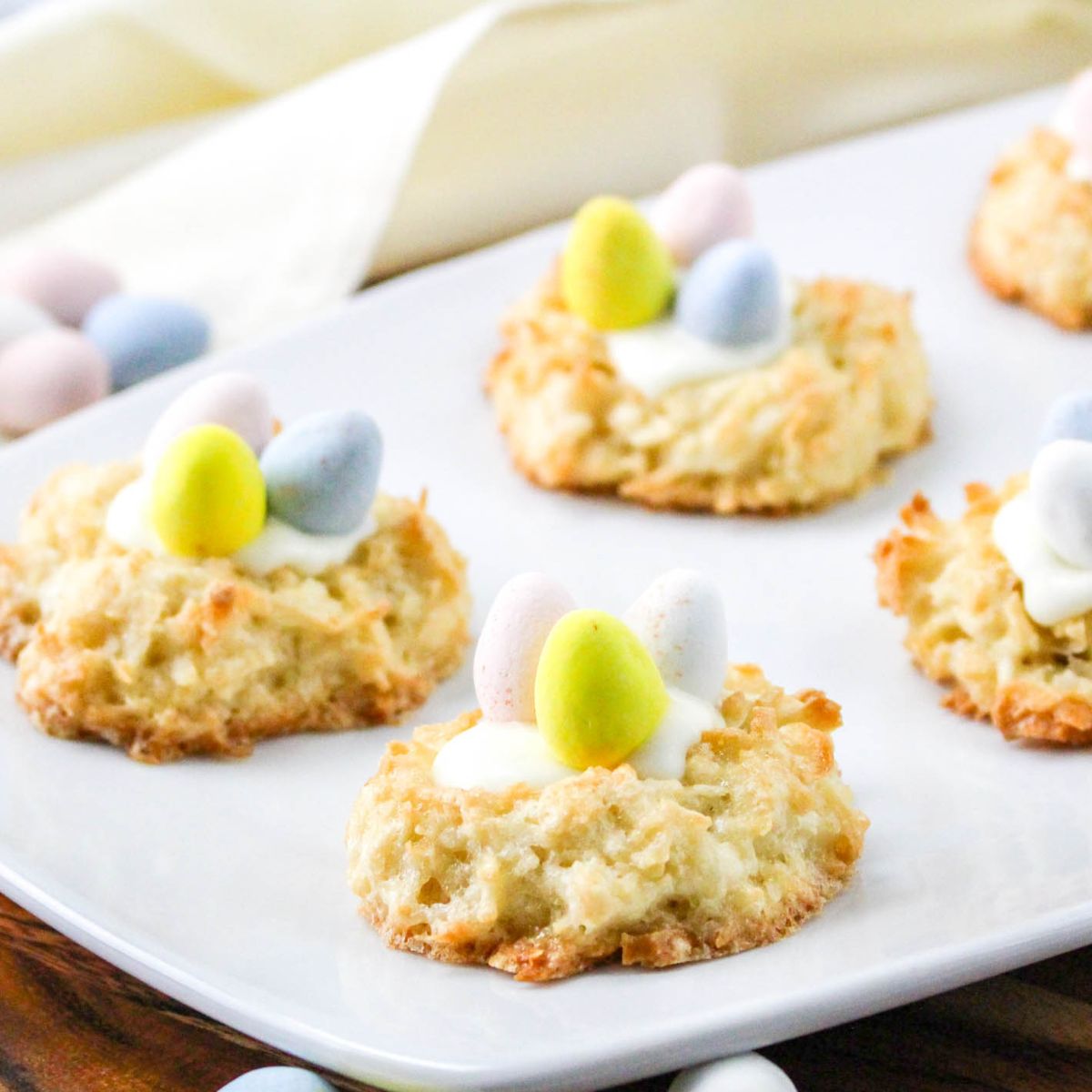 Easter coconut nests with white chocolate and Cadbury eggs in the nest,