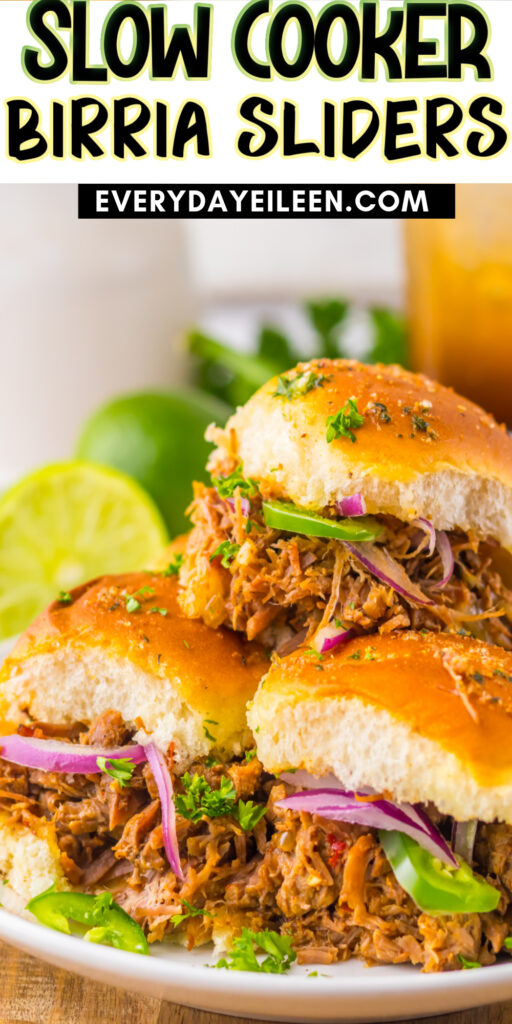 Pinterest pin for slow cooker birria sliders