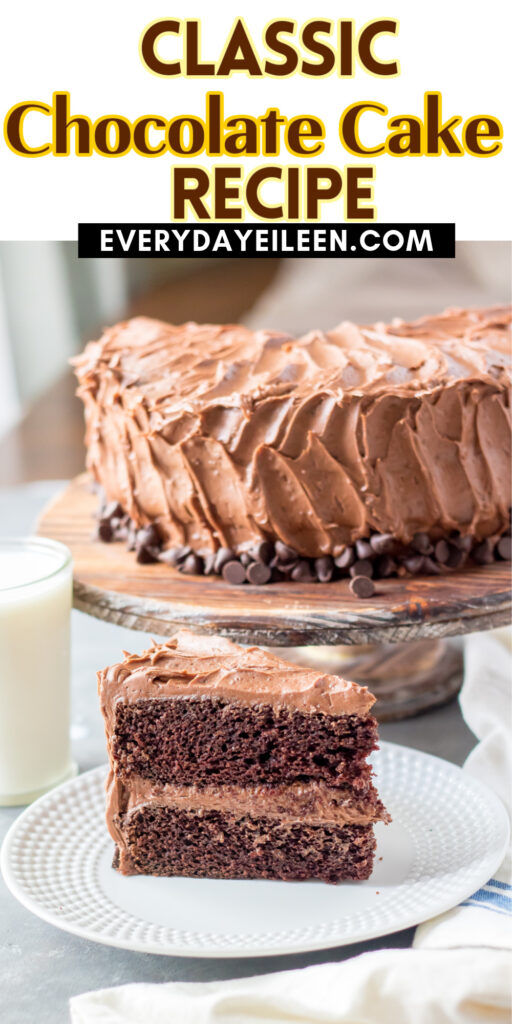 Pinterest pin with text overlay for chocolate cake.